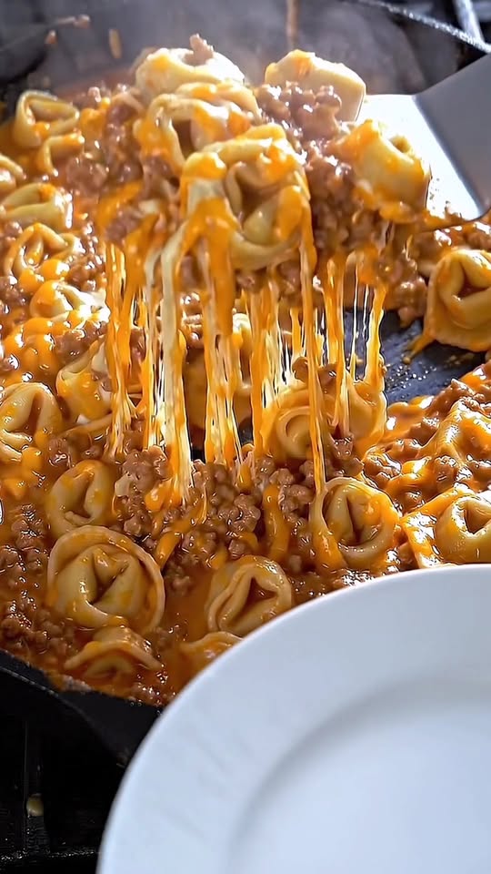 Creamy Cheesy Garlic Butter Beef Tortellini Skillet