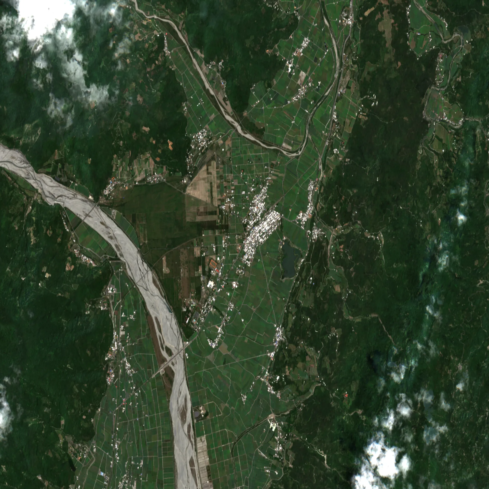 Sentinel-2 true-color satellite image of the Chishang rice valley in Taitung, Taiwan: a braided river crossing a grid of paddies between forested ranges