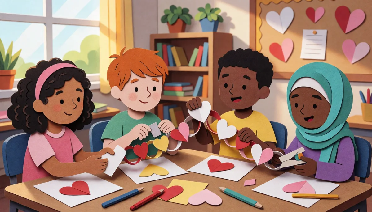 Illustration of elementary students doing small acts of kindness in a classroom