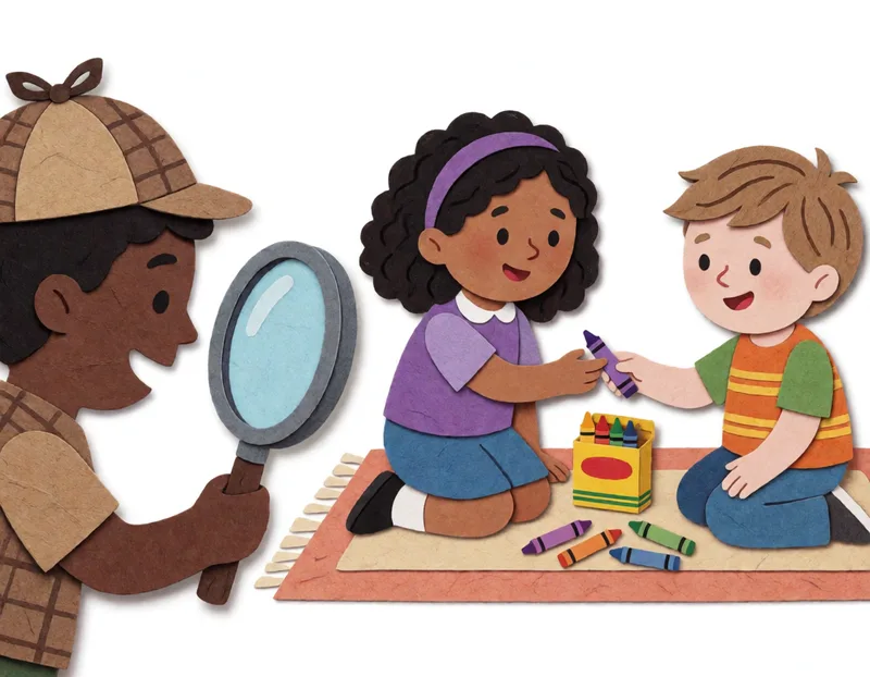 Illustration of a student noticing a classmate helping a friend