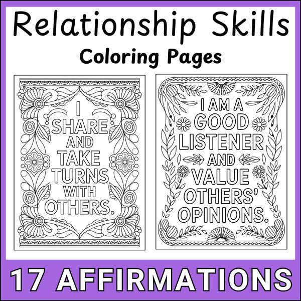 Relationship Skills Affirmation Coloring Pages — Floral Set — cover preview