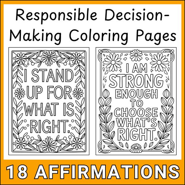 Responsible Decision-Making Affirmation Coloring Pages — Floral Set — cover preview