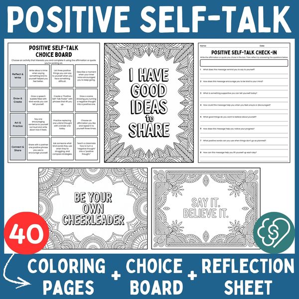 Positive Self-Talk Coloring Pages — Affirmations and Quotes — cover preview