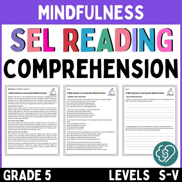 Mindfulness Reading Comprehension Passages — Grade 5 — cover preview