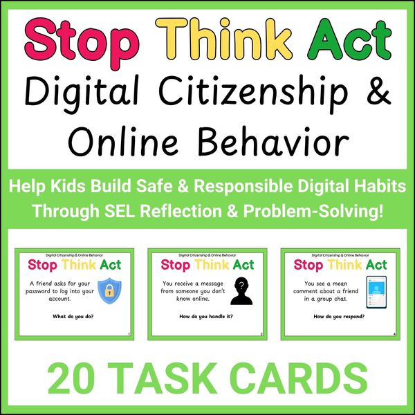 Digital Citizenship Stop Think Act Cards — Printable & Digital — cover preview