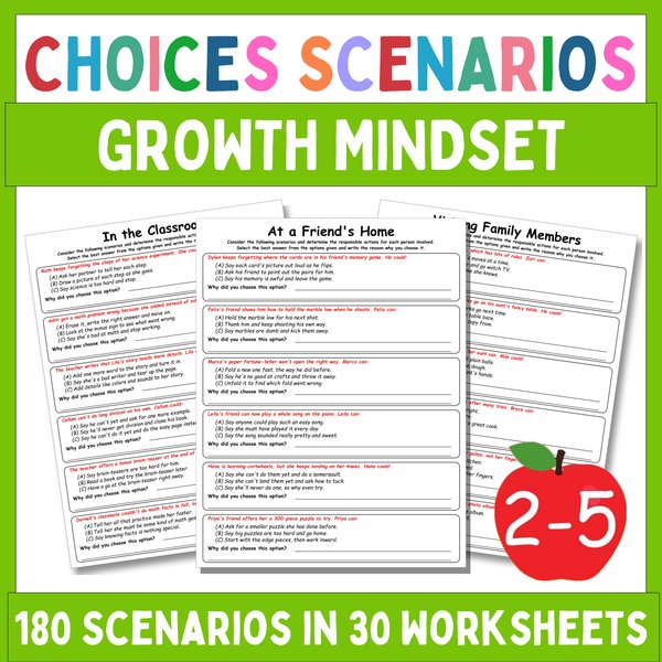 Growth Mindset Worksheets — Multiple-Choice Scenarios — cover preview