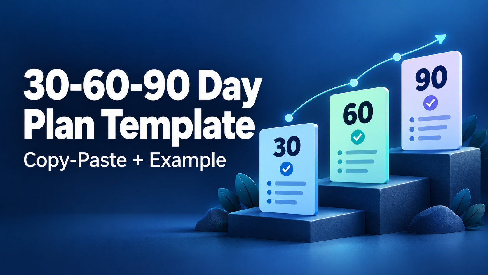 Three rising cards marked 30, 60 and 90, next to the headline 30-60-90 Day Plan Template, copy-paste and example