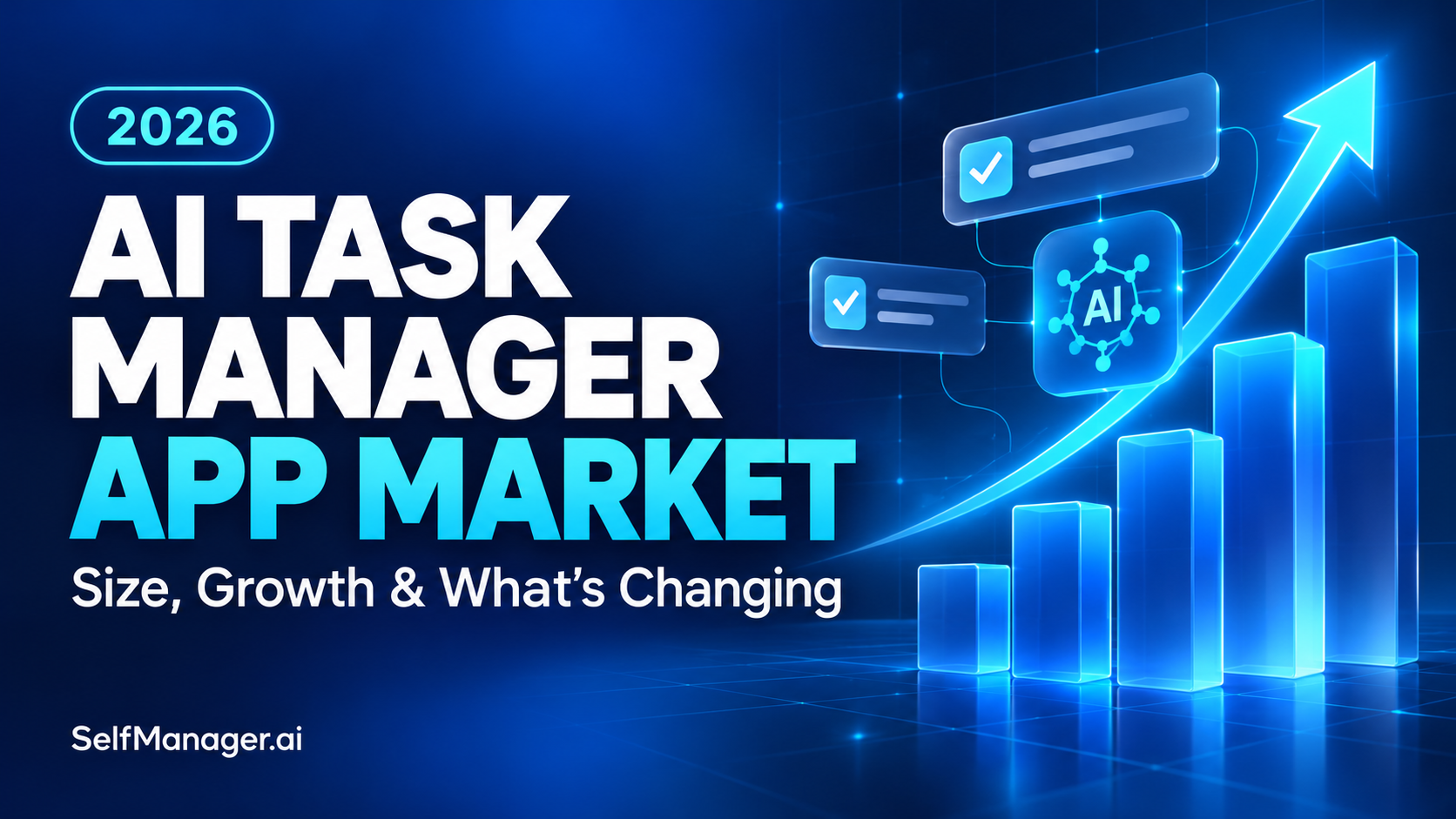 A rising bar chart with an AI chip and task cards, next to the headline AI Task Manager App Market 2026, size, growth and what's changing
