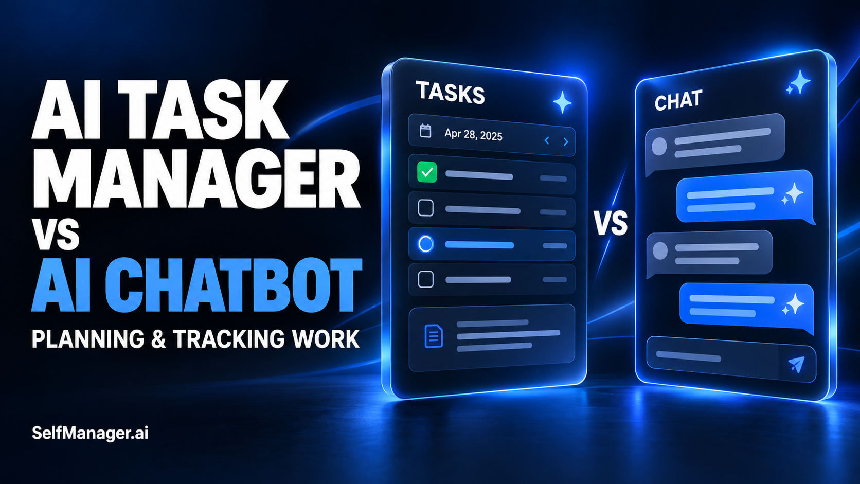 A dated task list beside a chat window, next to the headline AI Task Manager vs AI Chatbot