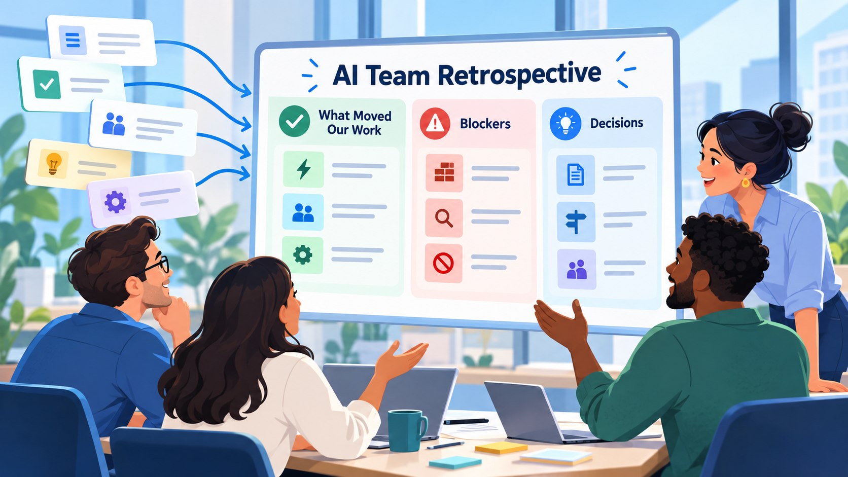 A team reviewing an AI Team Retrospective board of what moved their work, blockers and decisions built from shared tasks