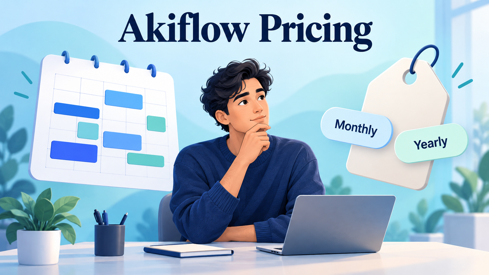 A person looking at a calendar with time blocks and a price tag marked monthly and yearly, under the headline Akiflow Pricing