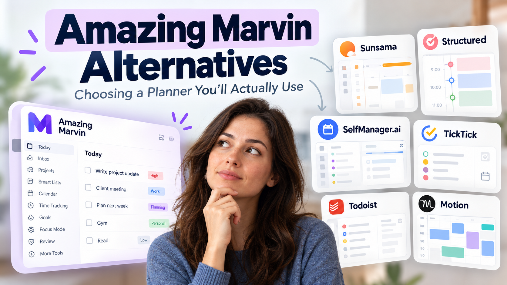 Amazing Marvin alternatives: an Amazing Marvin Today view beside Sunsama, Structured, SelfManager.ai, TickTick, Todoist and Motion