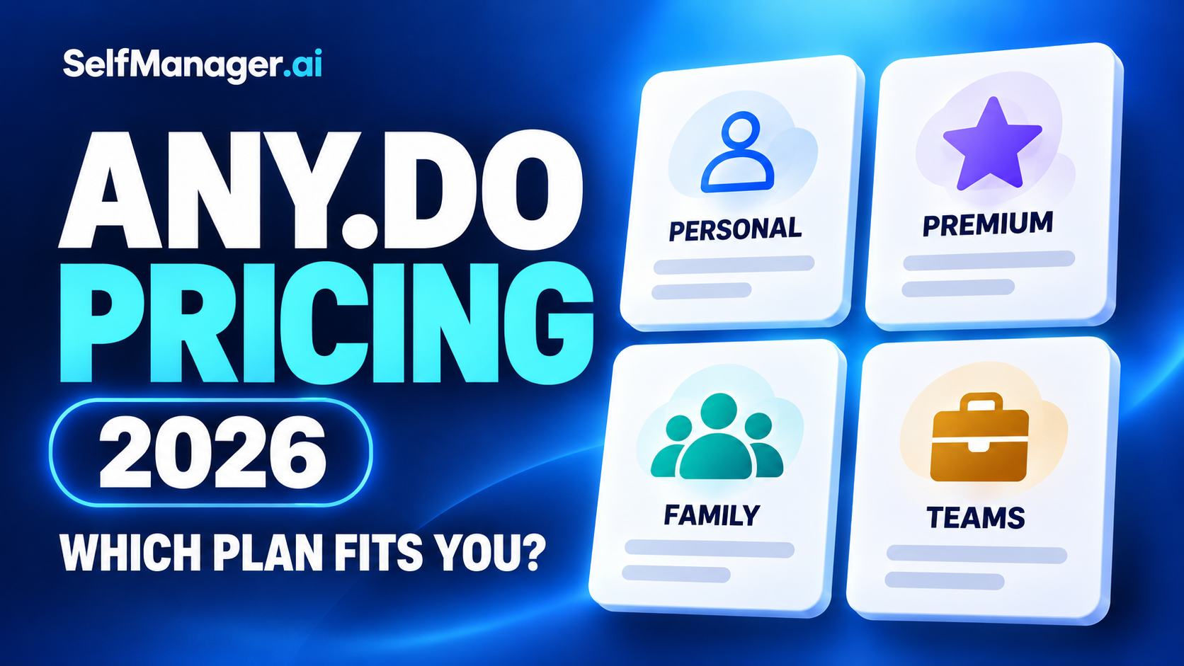 Four plan cards for Personal, Premium, Family and Teams, next to the headline Any.do Pricing 2026, which plan fits you?