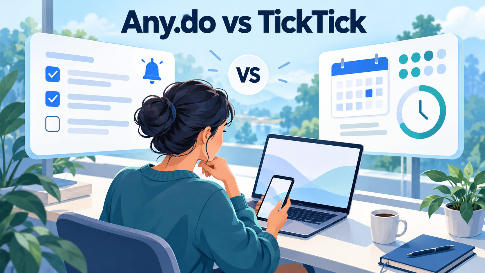 A person at a desk comparing a reminders list with a calendar and timer panel, under the headline Any.do vs TickTick