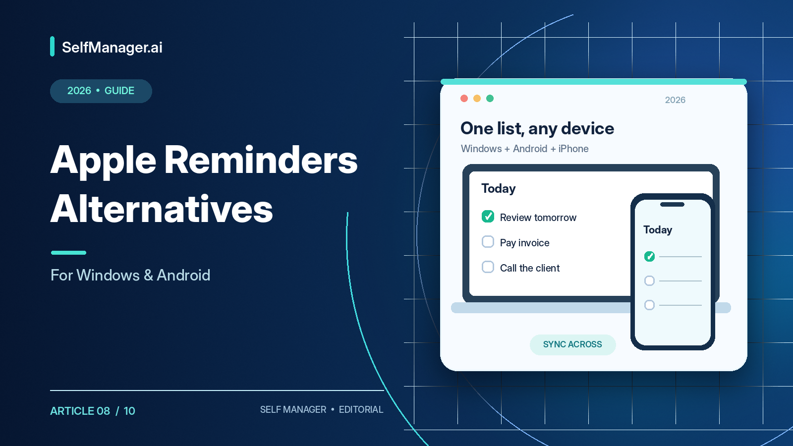 A laptop and a phone showing the same Today list, next to the headline Apple Reminders Alternatives for Windows and Android