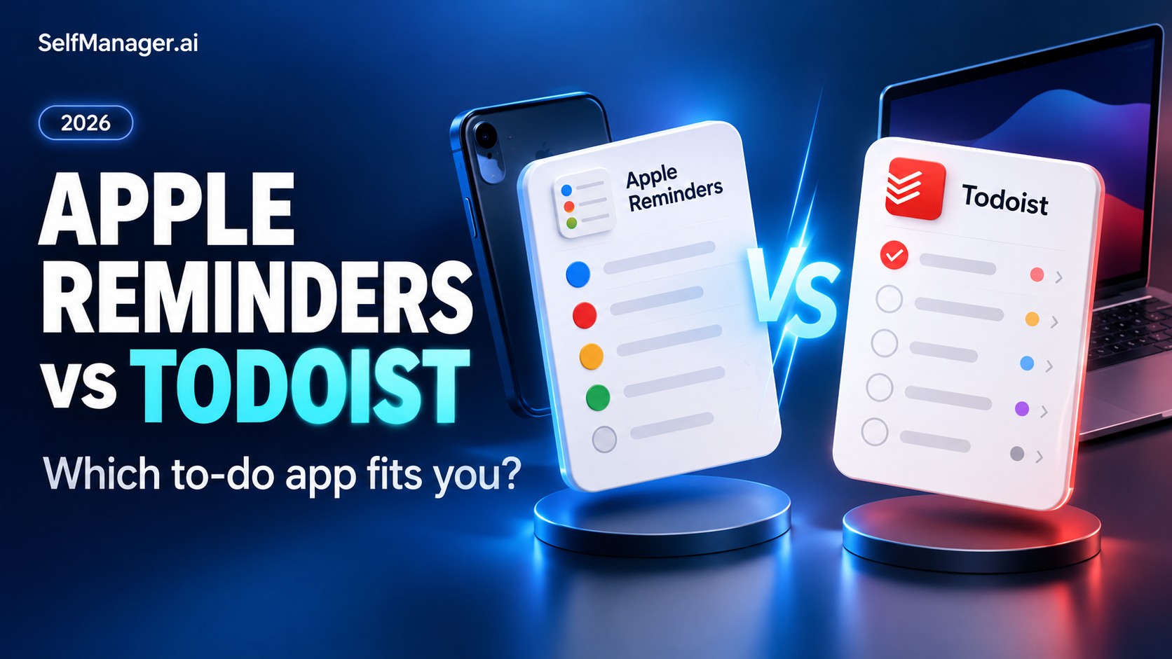 An Apple Reminders list beside a Todoist list, next to the headline Apple Reminders vs Todoist, which to-do app fits you?