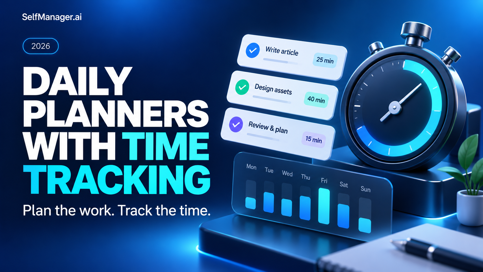 Tasks with minutes beside a stopwatch and a weekly bar chart, next to the headline Daily Planners with Time Tracking