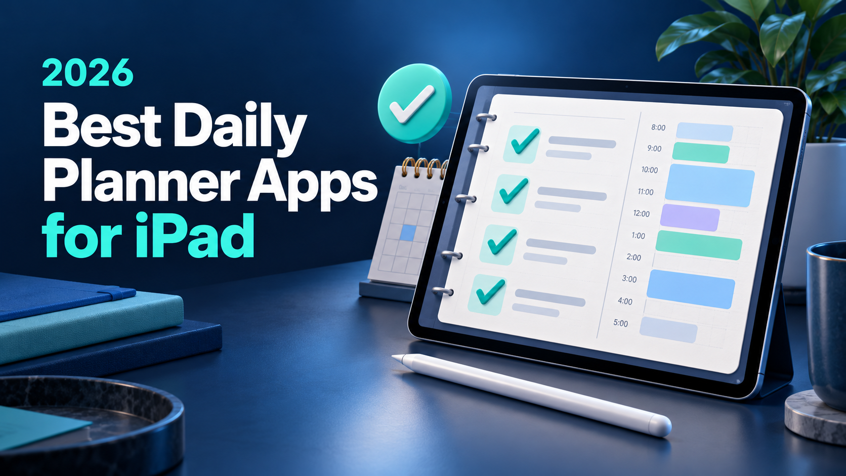 An iPad showing a daily plan with an Apple Pencil, next to the headline Best Daily Planner Apps for iPad 2026
