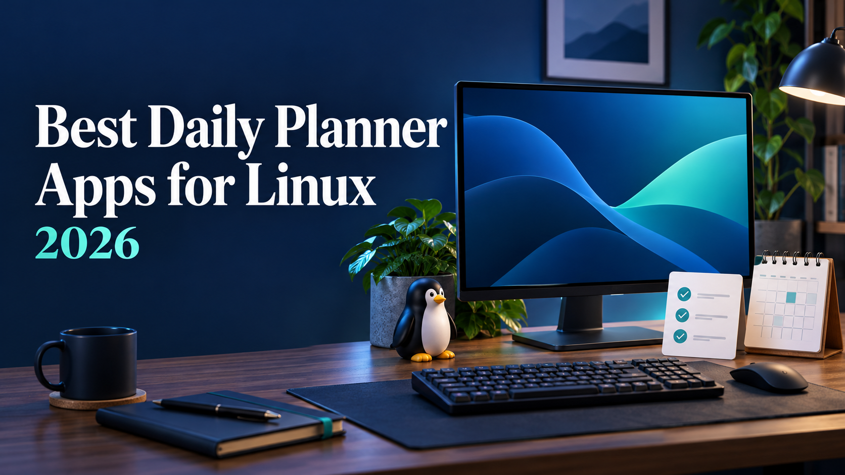 A Linux desktop setup with a penguin figurine and planner cards, next to the headline Best Daily Planner Apps for Linux 2026