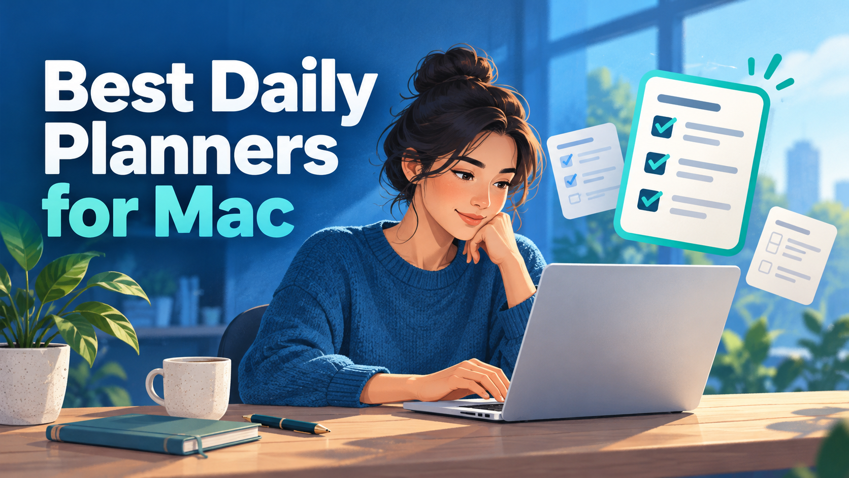 A person planning at a laptop with floating checklist cards, next to the headline Best Daily Planners for Mac