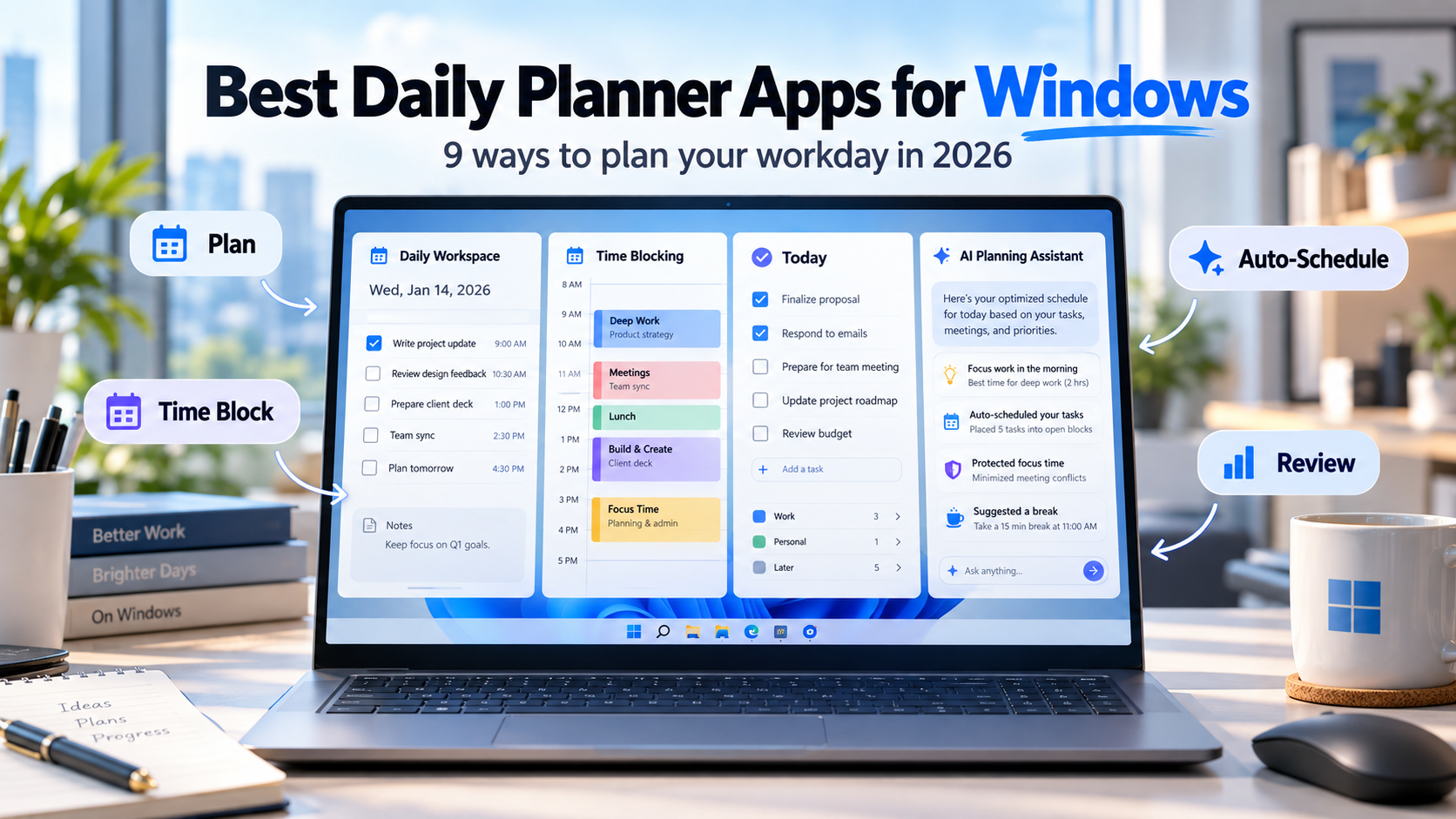 Best daily planner apps for Windows: a laptop showing daily planning, calendar time blocking, task lists and AI scheduling