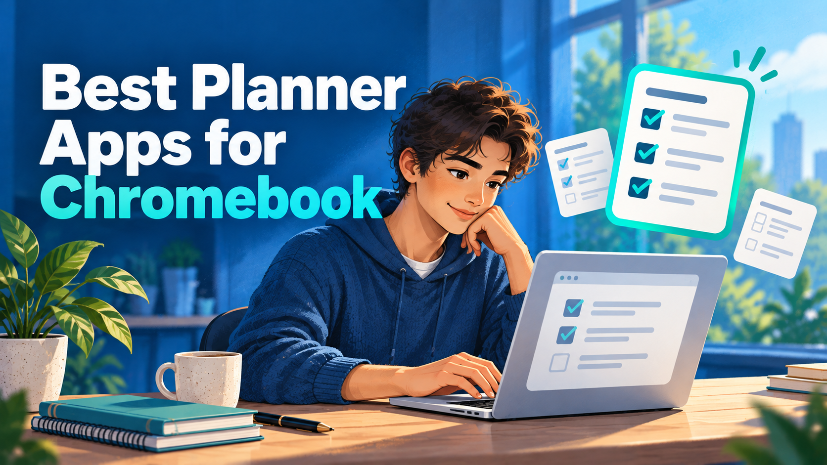 A person planning on a Chromebook with floating checklist cards, next to the headline Best Planner Apps for Chromebook