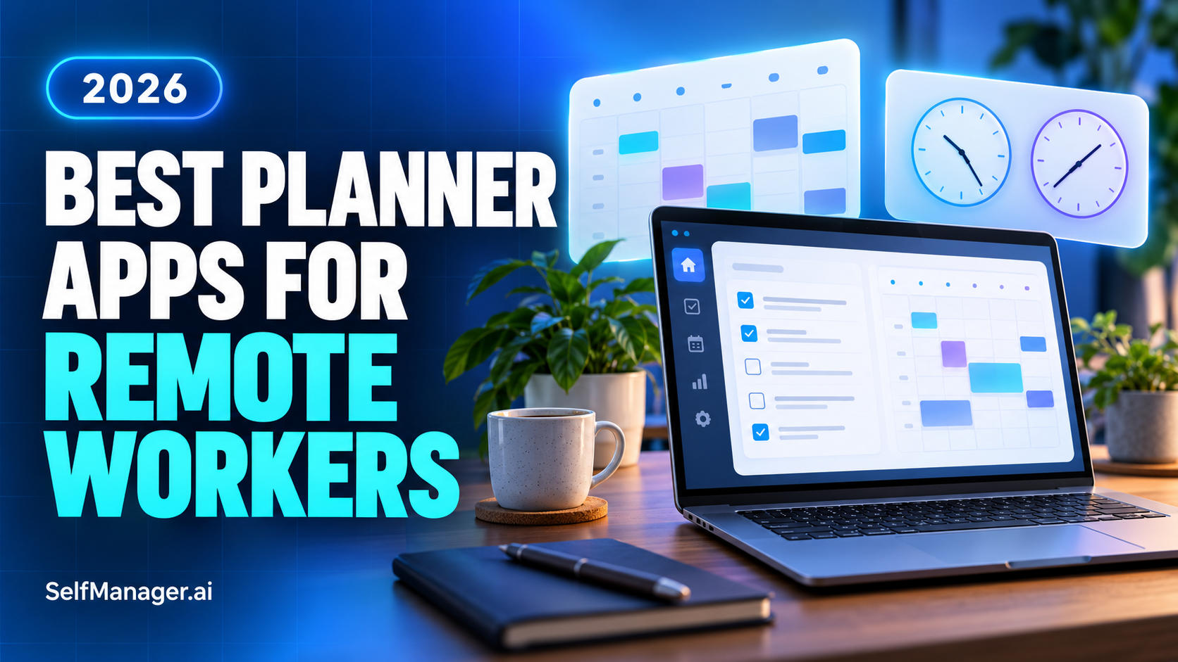 A laptop with a planner, a calendar and two world clocks, next to the headline Best Planner Apps for Remote Workers 2026