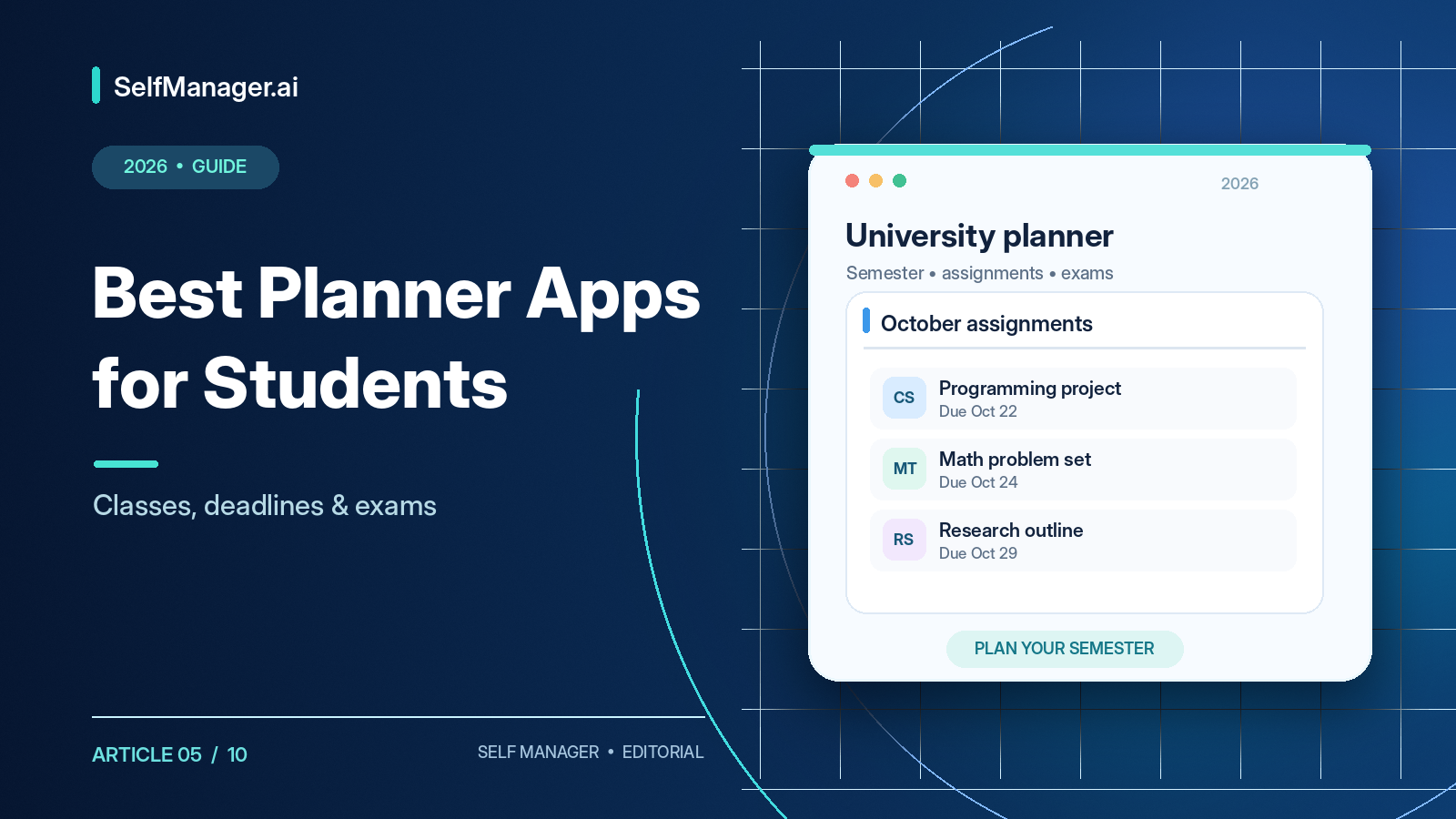 A university planner card with October assignments and due dates, next to the headline Best Planner Apps for Students