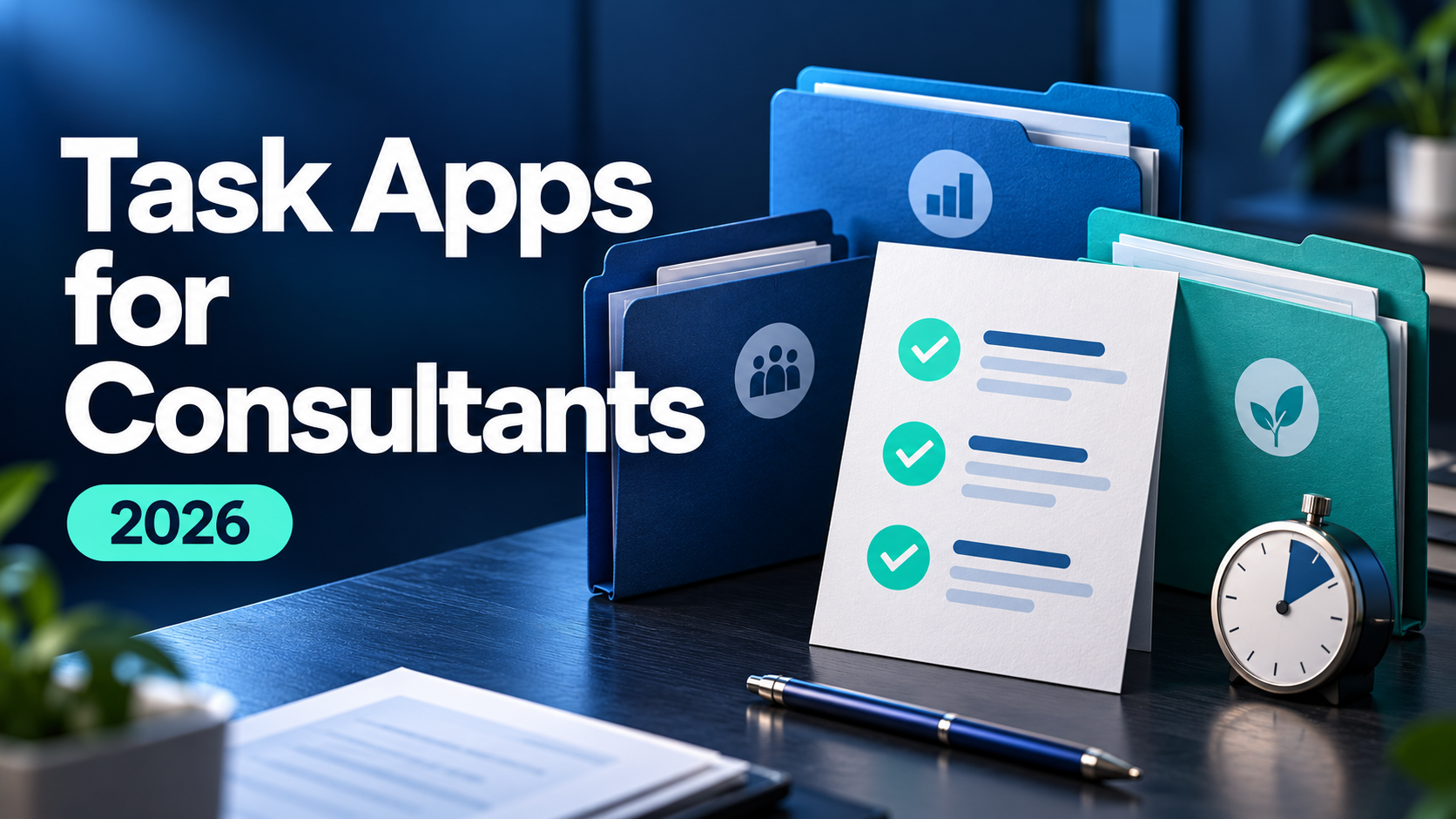 Client folders, a checklist and a stopwatch on a desk, next to the headline Task Apps for Consultants 2026