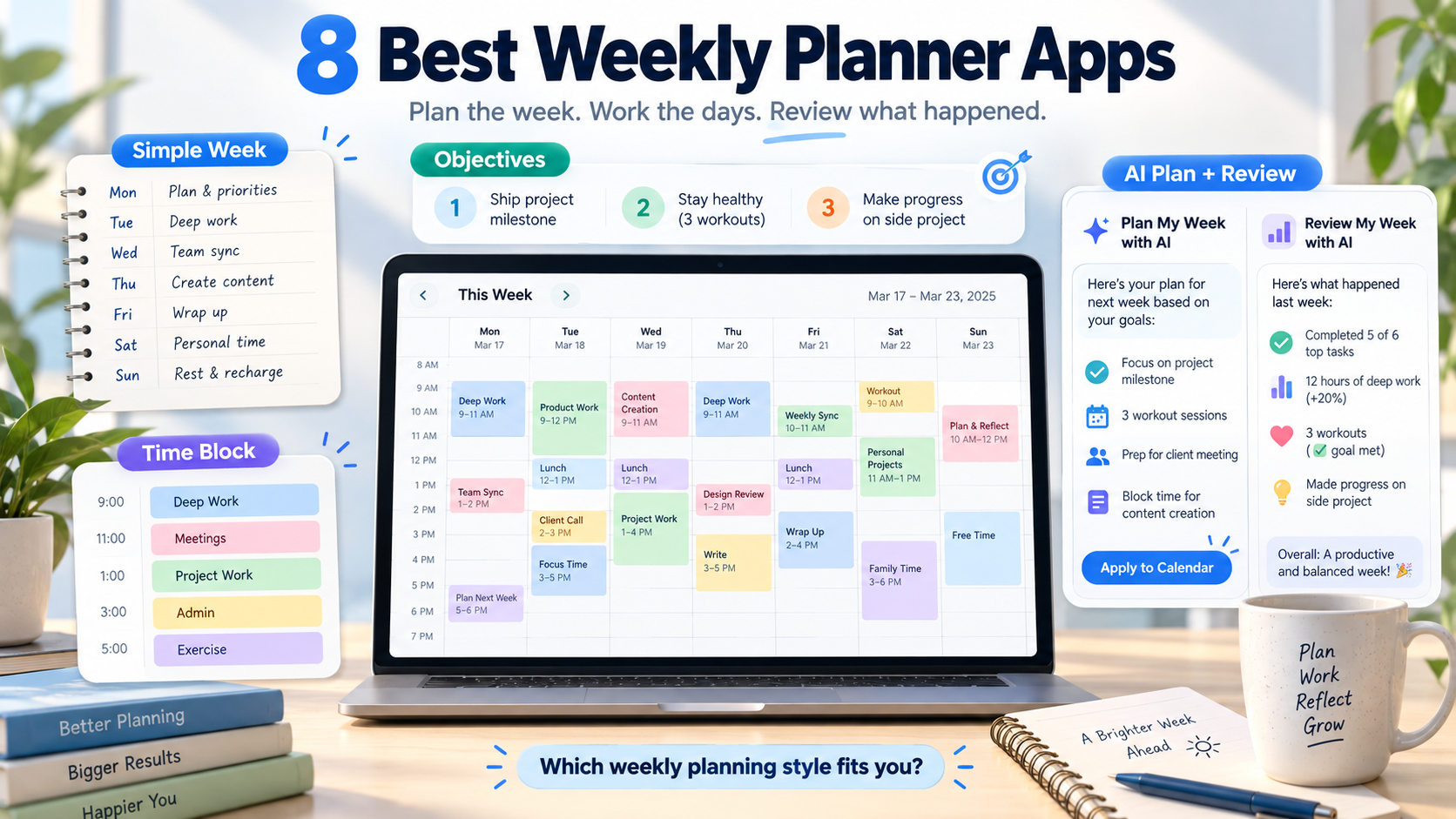 8 best weekly planner apps: a weekly calendar with simple lists, objectives, time blocks, AI planning and weekly review
