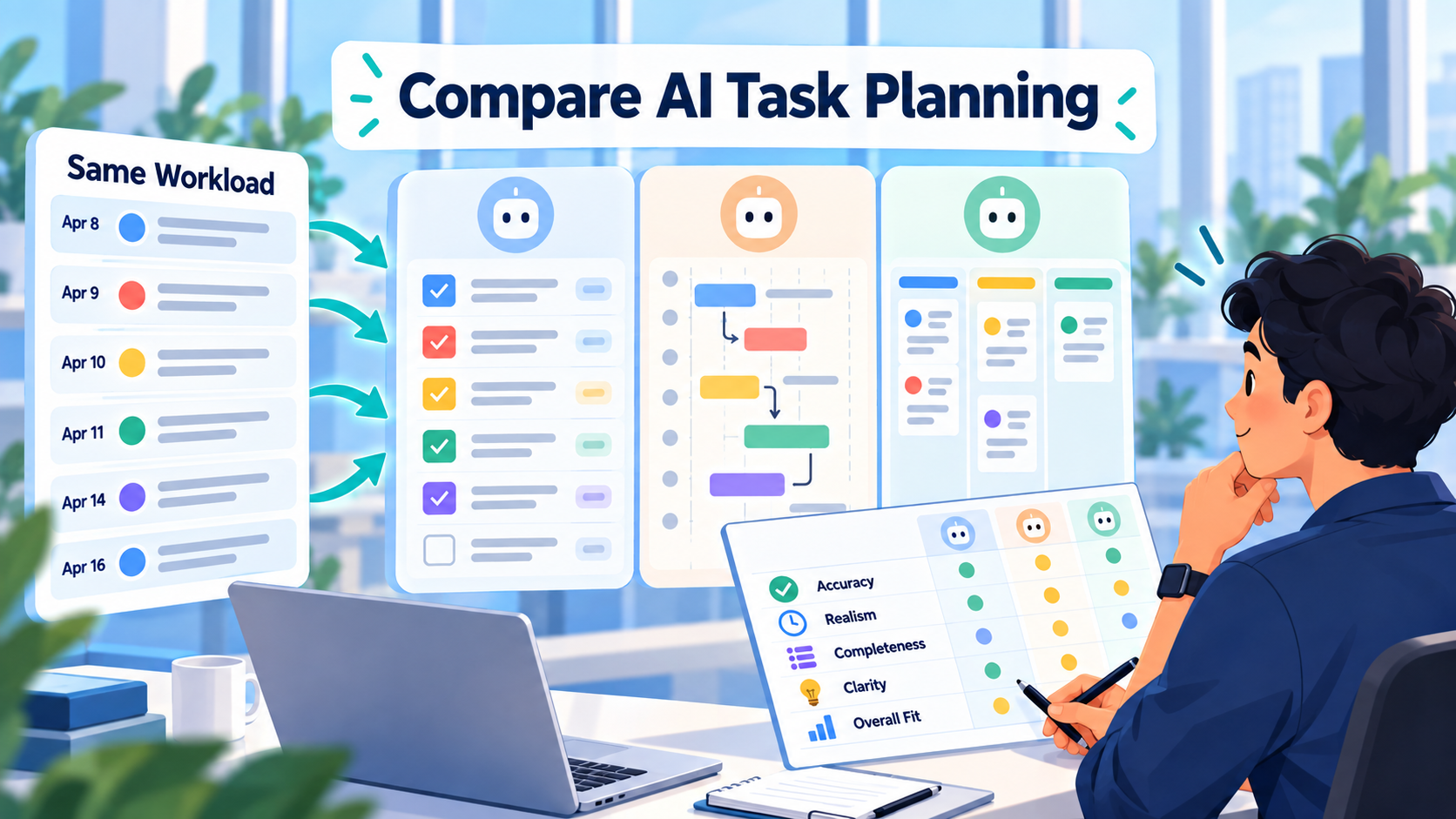 The same workload planned by three AI models side by side and scored on accuracy, realism, completeness, clarity and overall fit