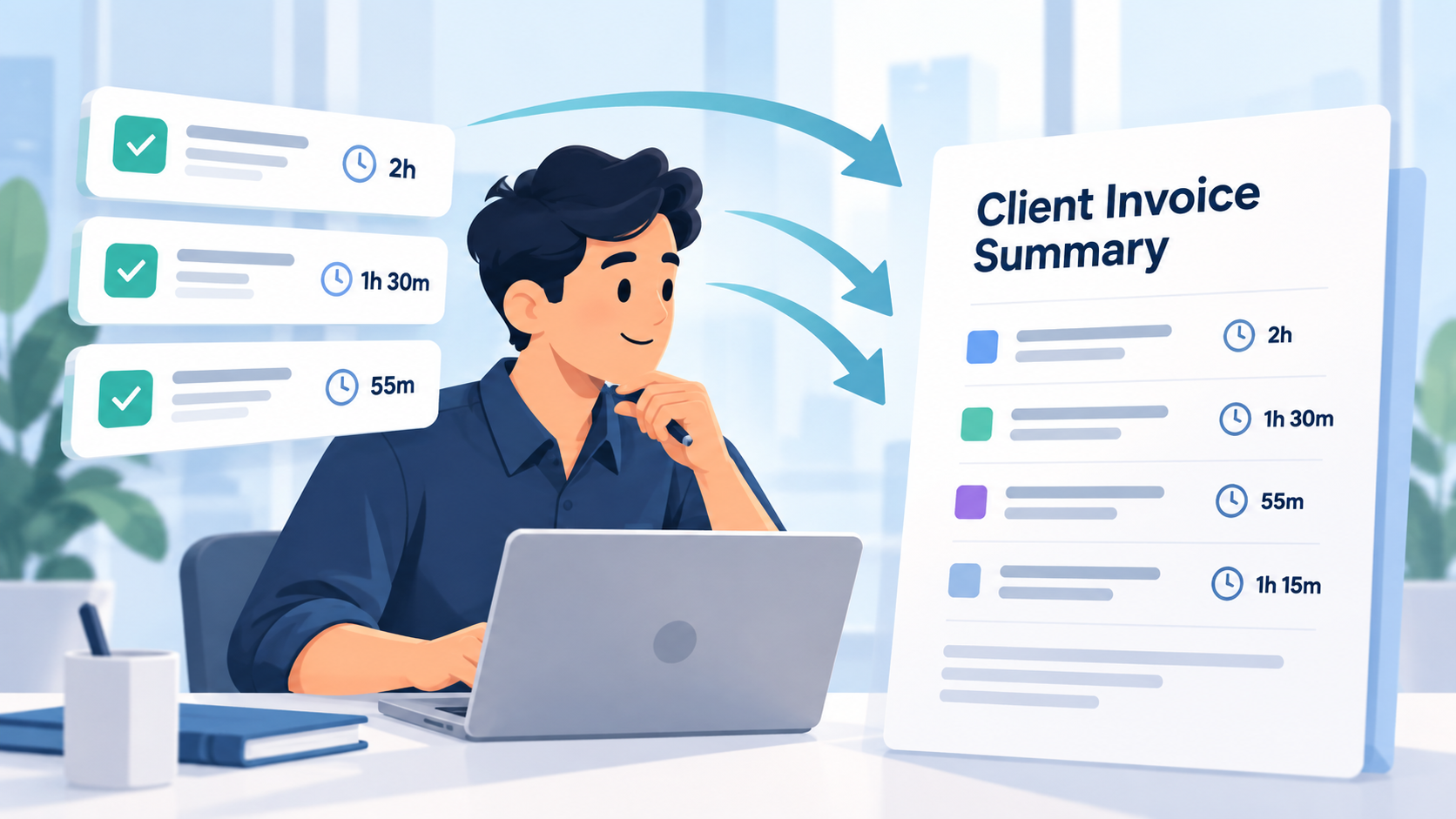 Completed tasks with tracked time turned into a Client Invoice Summary listing each piece of work and its hours