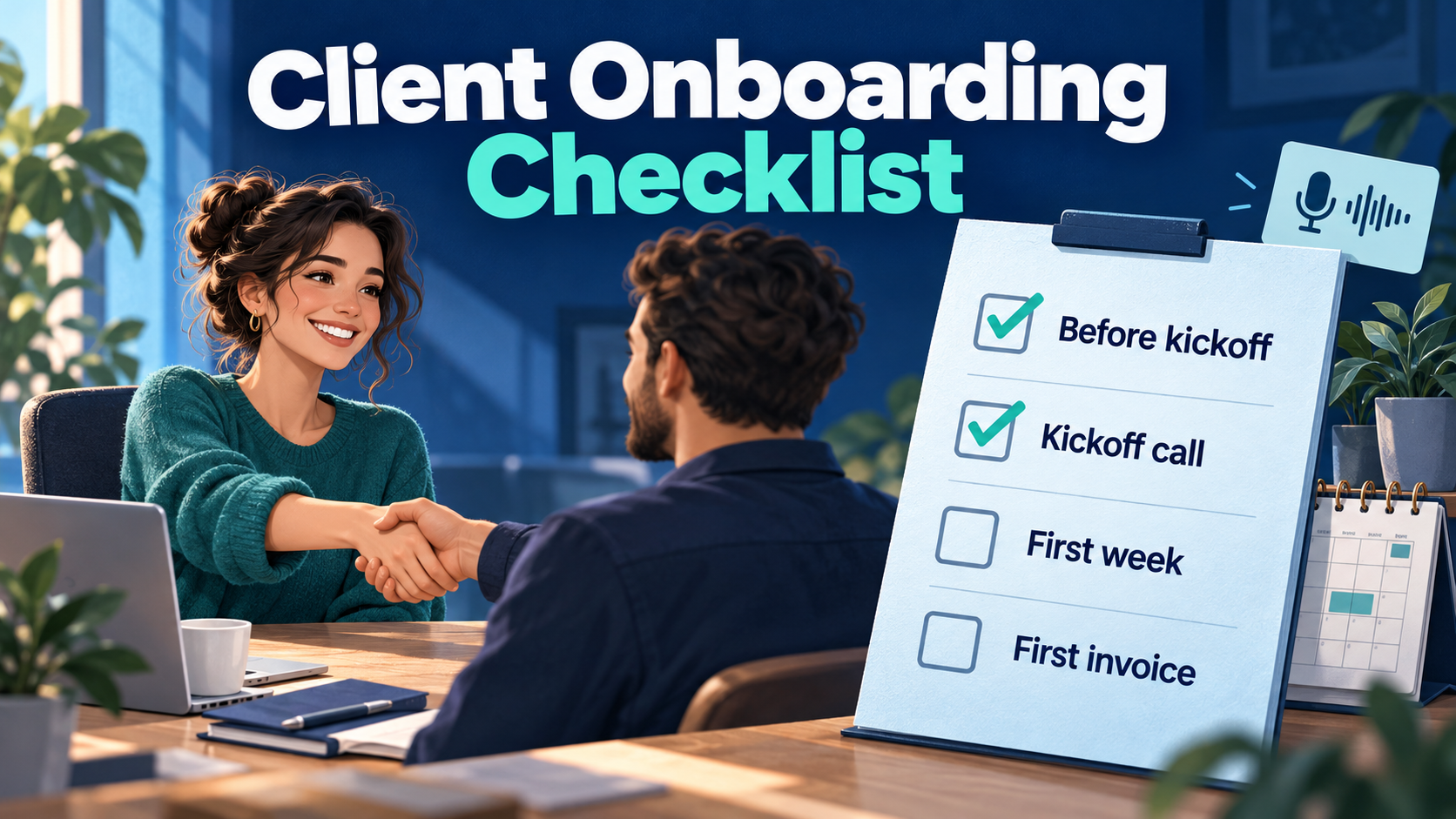 A freelancer shaking hands with a new client beside a checklist for before kickoff, kickoff call, first week and first invoice, under the headline Client Onboarding Checklist