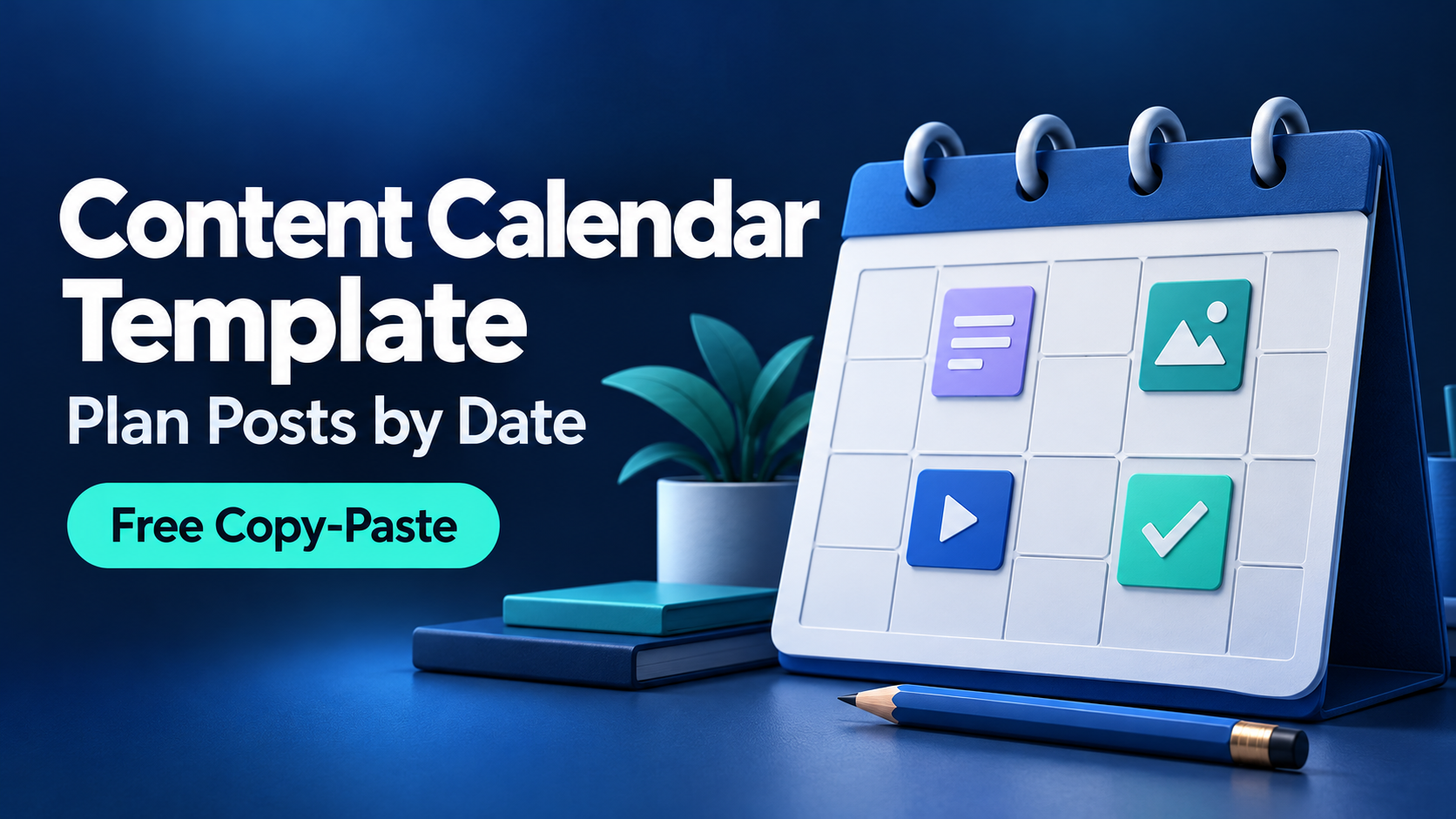 A desk calendar with post icons on its days, next to the headline Content Calendar Template, plan posts by date, free copy-paste