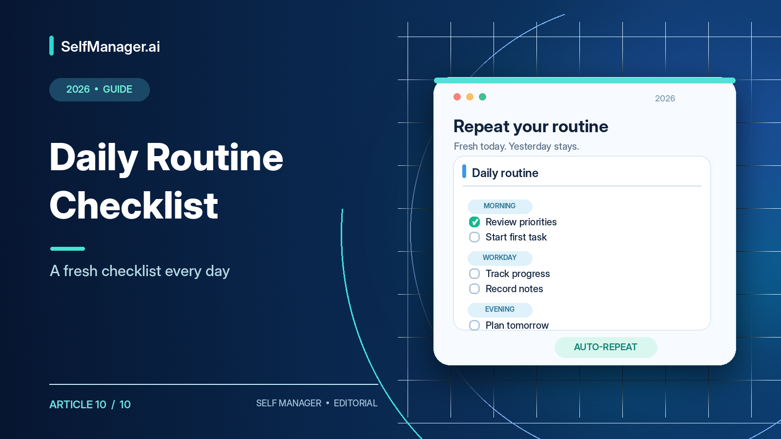 A daily routine checklist with morning, workday and evening sections, next to the headline Daily Routine Checklist, a fresh checklist every day