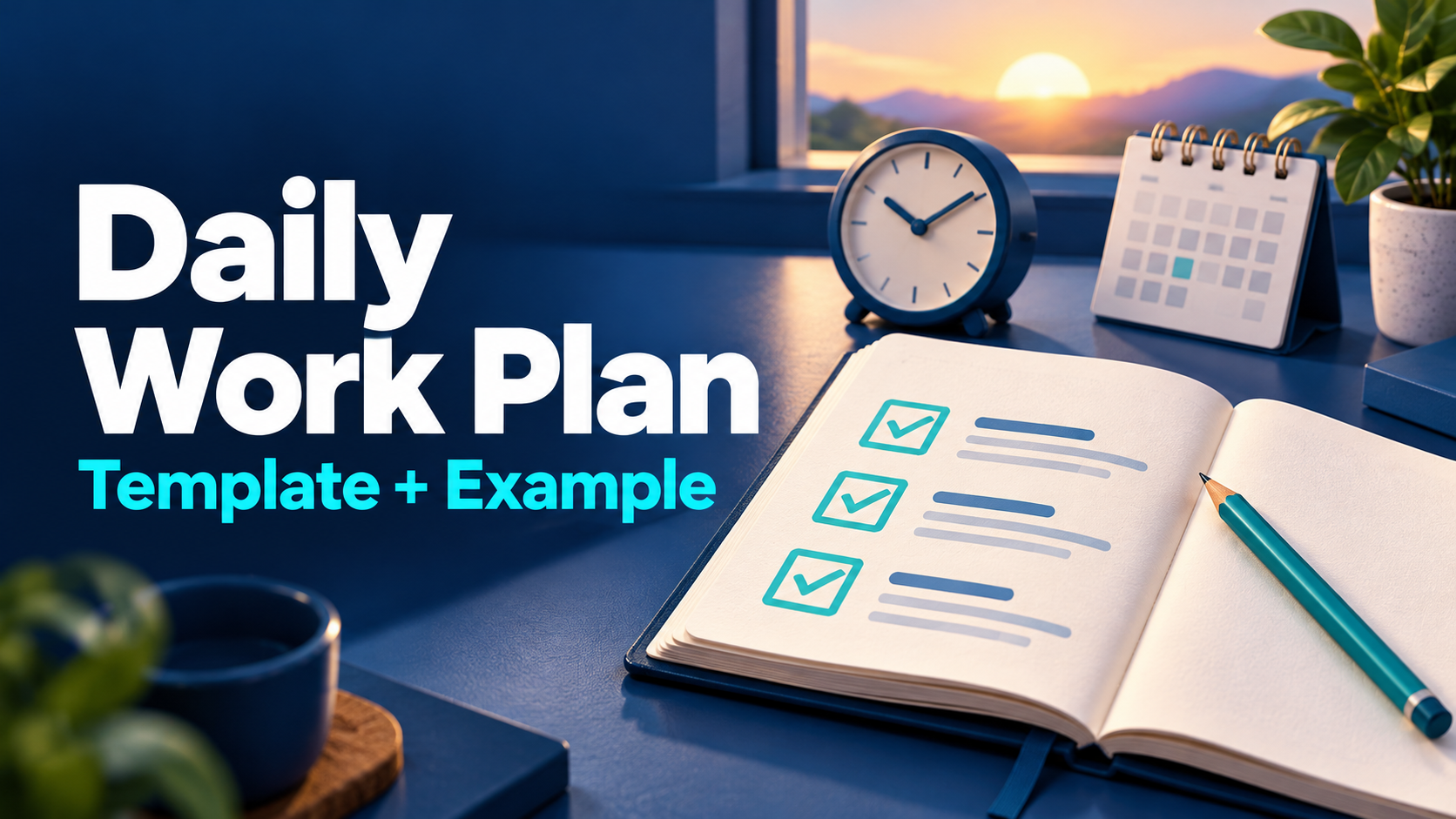 An open planner with a checklist, a clock and a calendar at sunrise, next to the headline Daily Work Plan, template + example