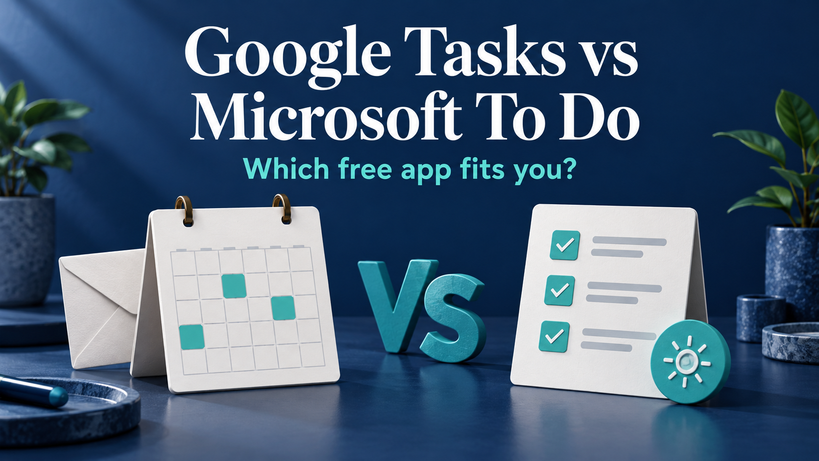 A calendar with an envelope beside a checklist with a sun icon, under the headline Google Tasks vs Microsoft To Do