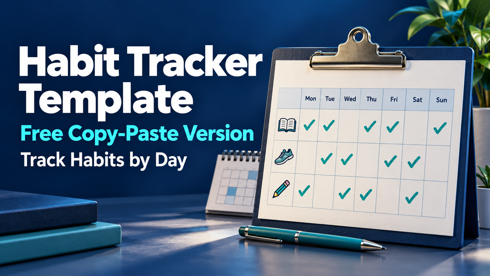 A clipboard with a weekly habit grid of check marks, next to the headline Habit Tracker Template, free copy-paste version, track habits by day