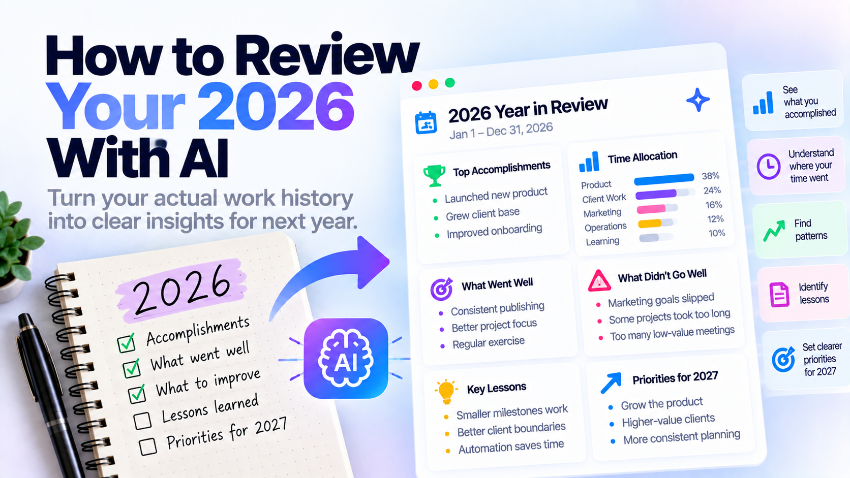 A 2026 notebook checklist turned by AI into a year-in-review with top accomplishments, time allocation, what went well, what didn't, key lessons and priorities for 2027