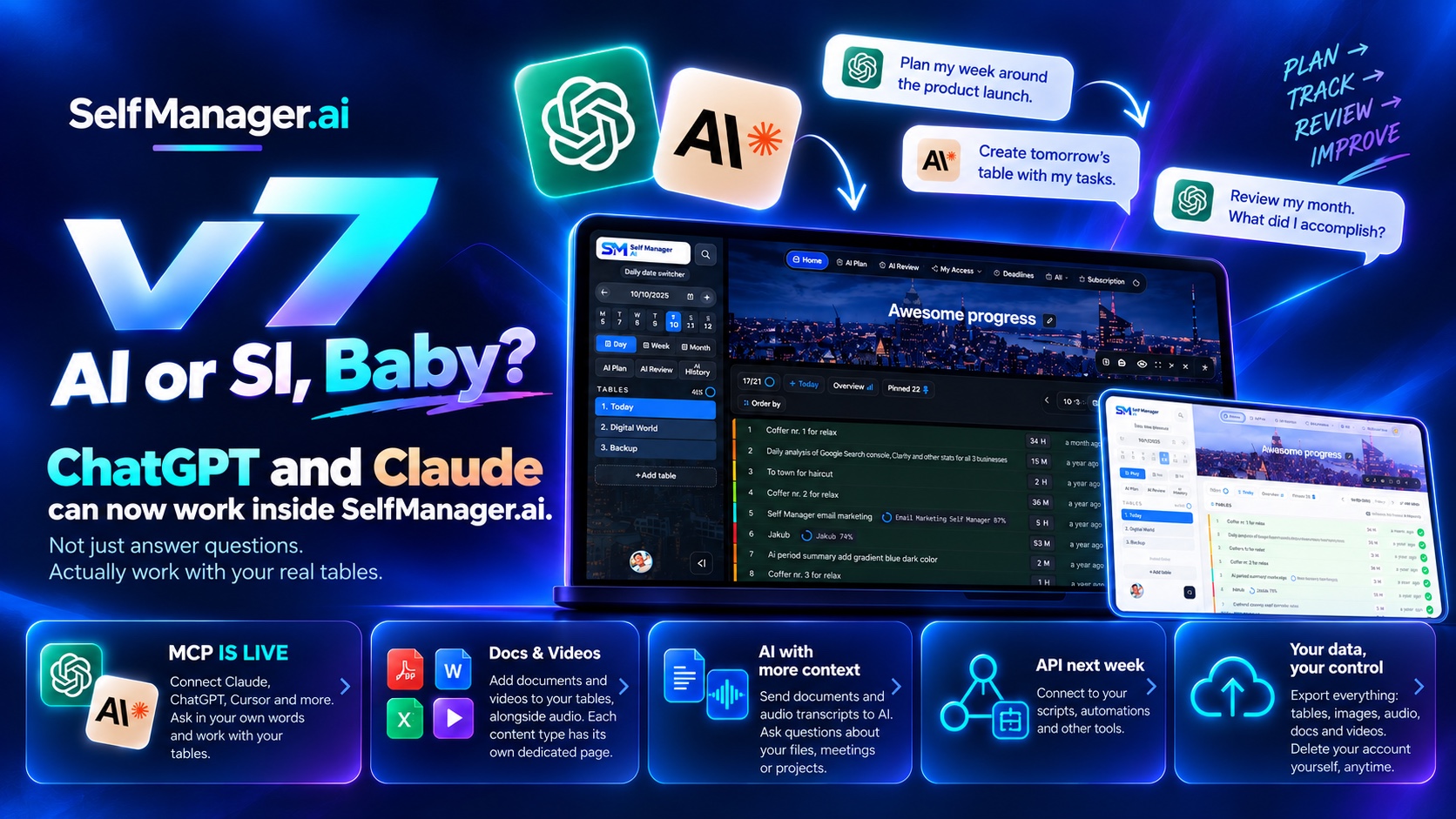 SelfManager.ai v7 banner, AI or SI, Baby?: ChatGPT and Claude can now work inside SelfManager.ai, with MCP live, docs and videos, AI with more context, the API next week and your data in your control