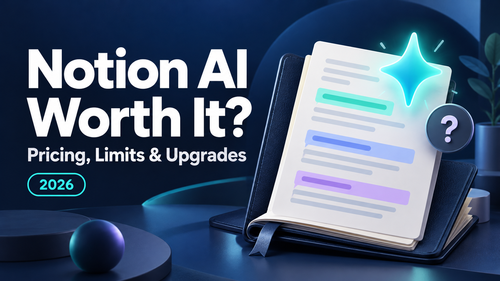 A document with an AI sparkle and a question mark, next to the headline Notion AI Worth It? Pricing, limits and upgrades 2026