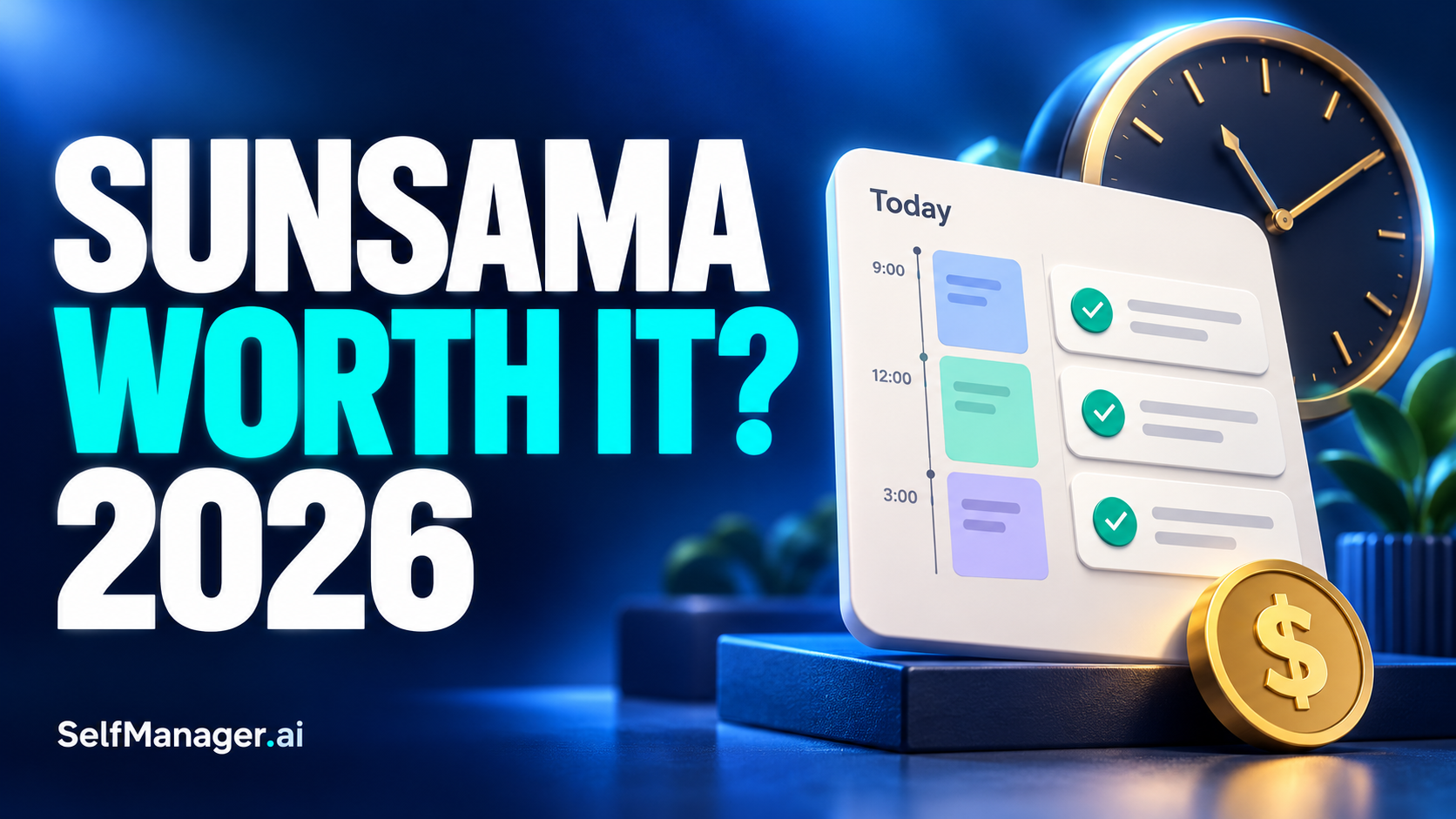 A daily timeline with checked time blocks, a clock and a coin, next to the headline Sunsama Worth It? 2026
