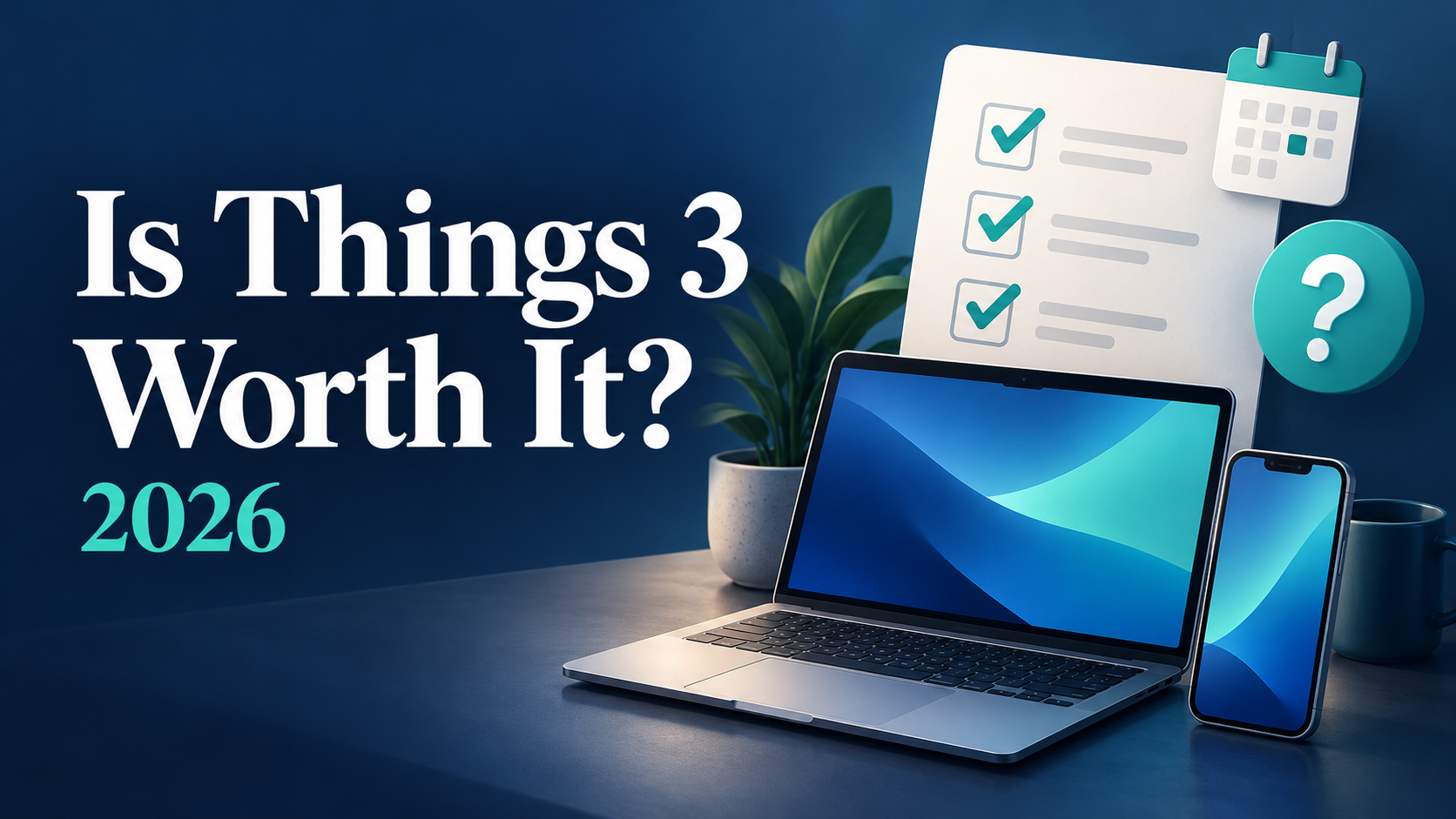 A laptop and phone beside floating checklist cards and a question mark, next to the headline Is Things 3 Worth It? 2026
