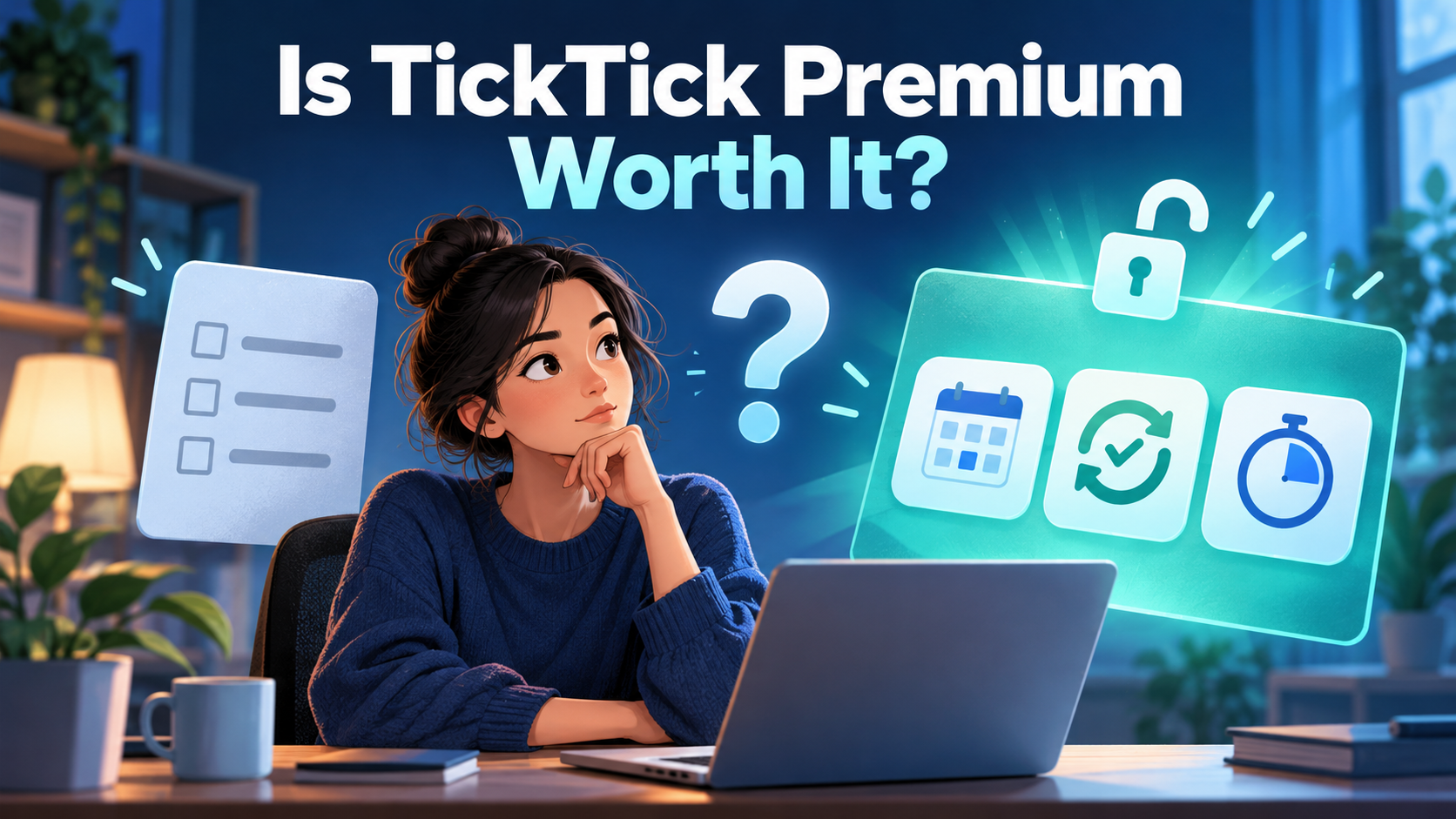 A person weighing a basic task list against an unlocked panel of calendar, habit and timer features, under the headline Is TickTick Premium Worth It