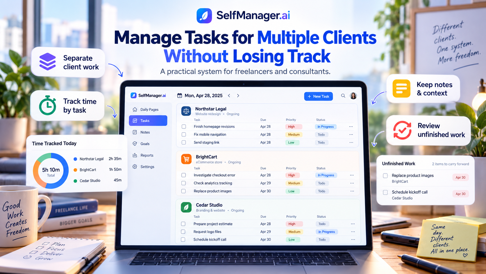 A SelfManager.ai Monday with separate Northstar Legal, BrightCart and Cedar Studio client tables, time tracked per client and unfinished work to carry forward