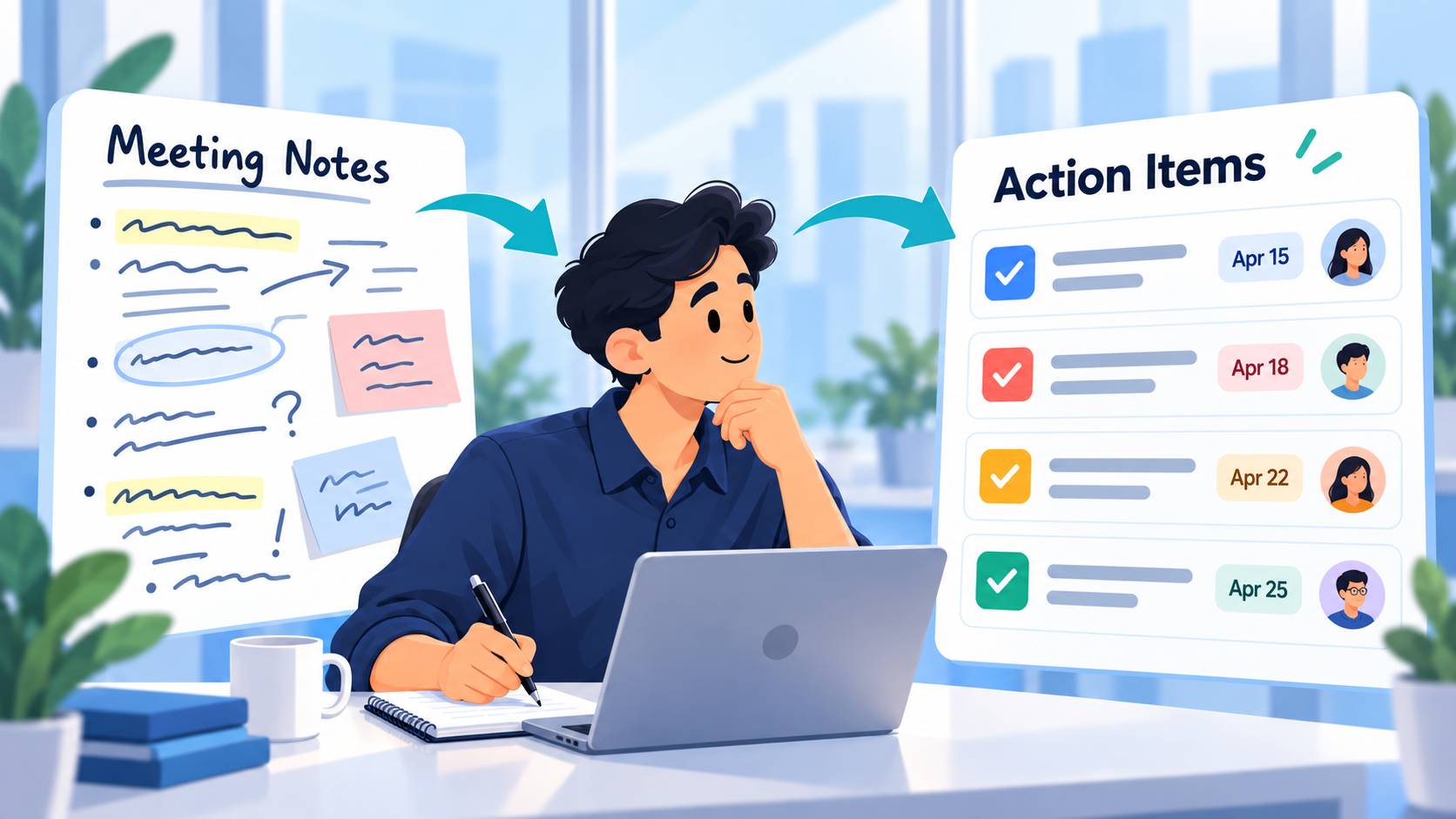 Messy meeting notes turned by AI into a list of action items with due dates and owners