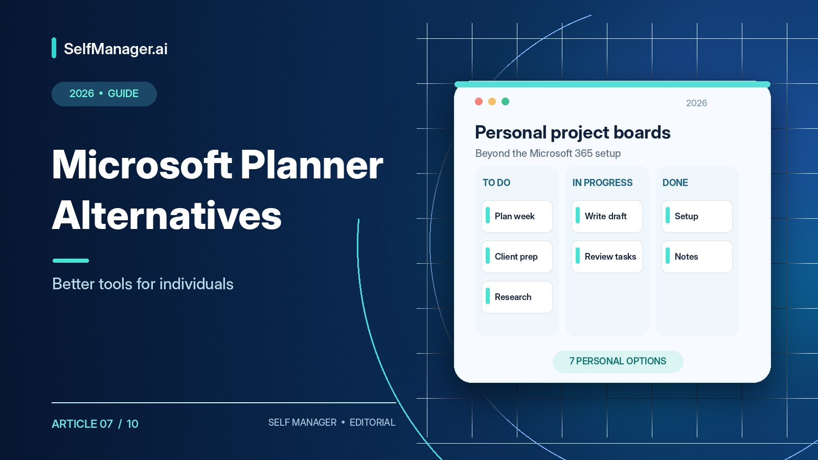 A personal project board with To do, In progress and Done columns, next to the headline Microsoft Planner Alternatives