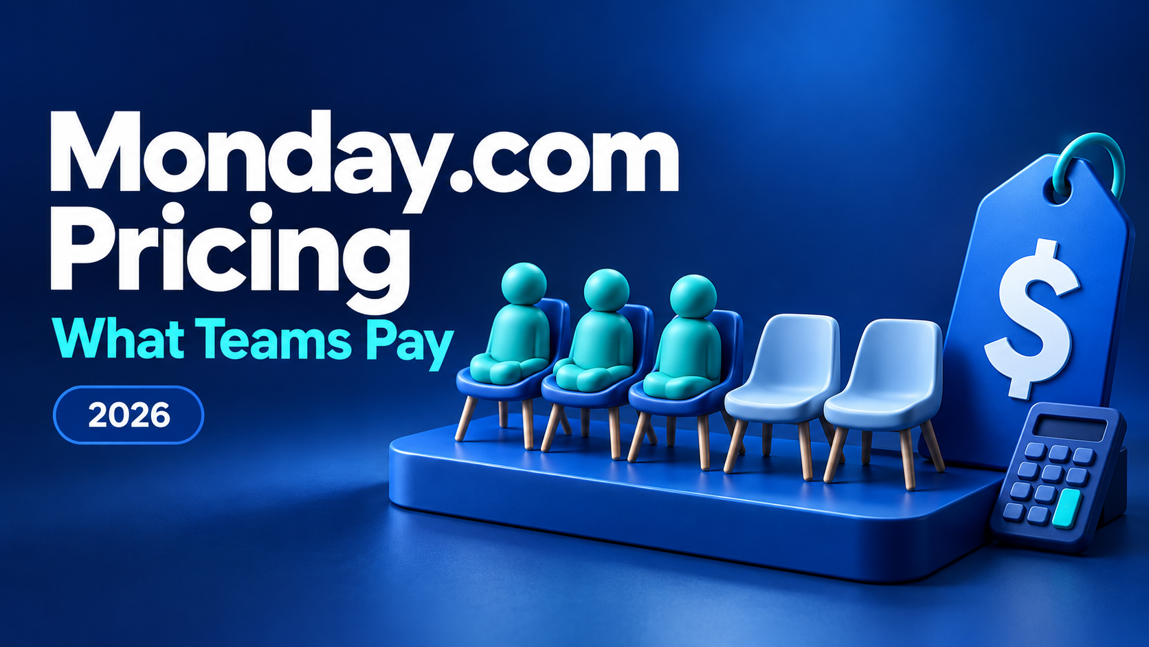 A row of seats, some filled, with a price tag and a calculator, next to the headline Monday.com Pricing, what teams pay 2026