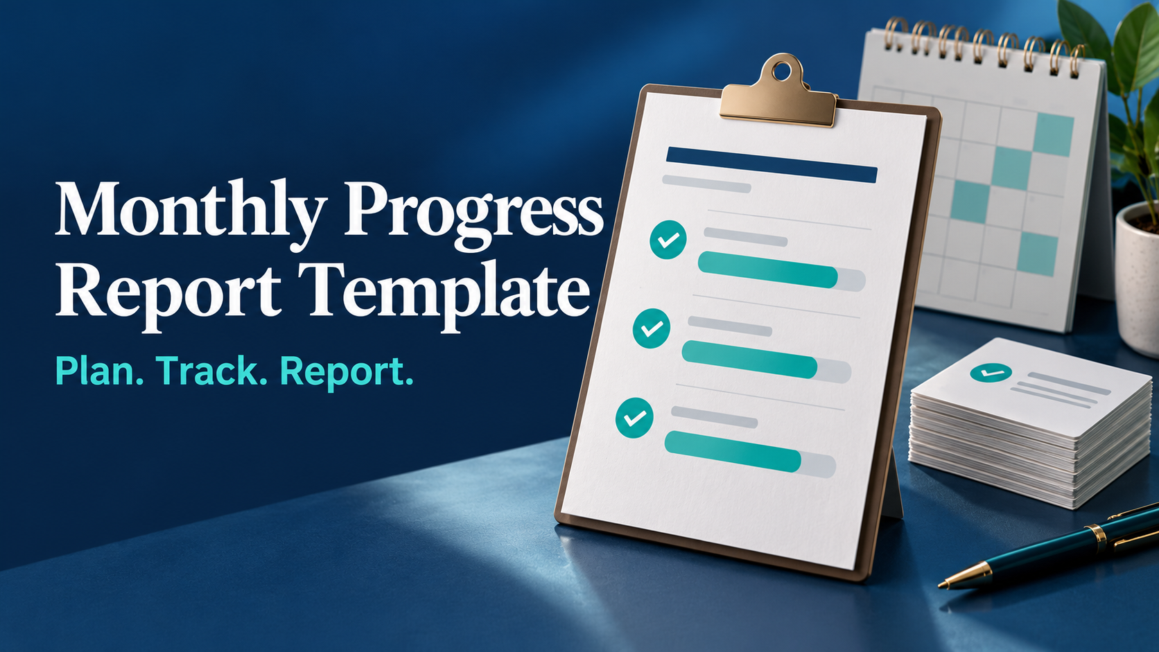 A clipboard report with progress bars beside a calendar, next to the headline Monthly Progress Report Template