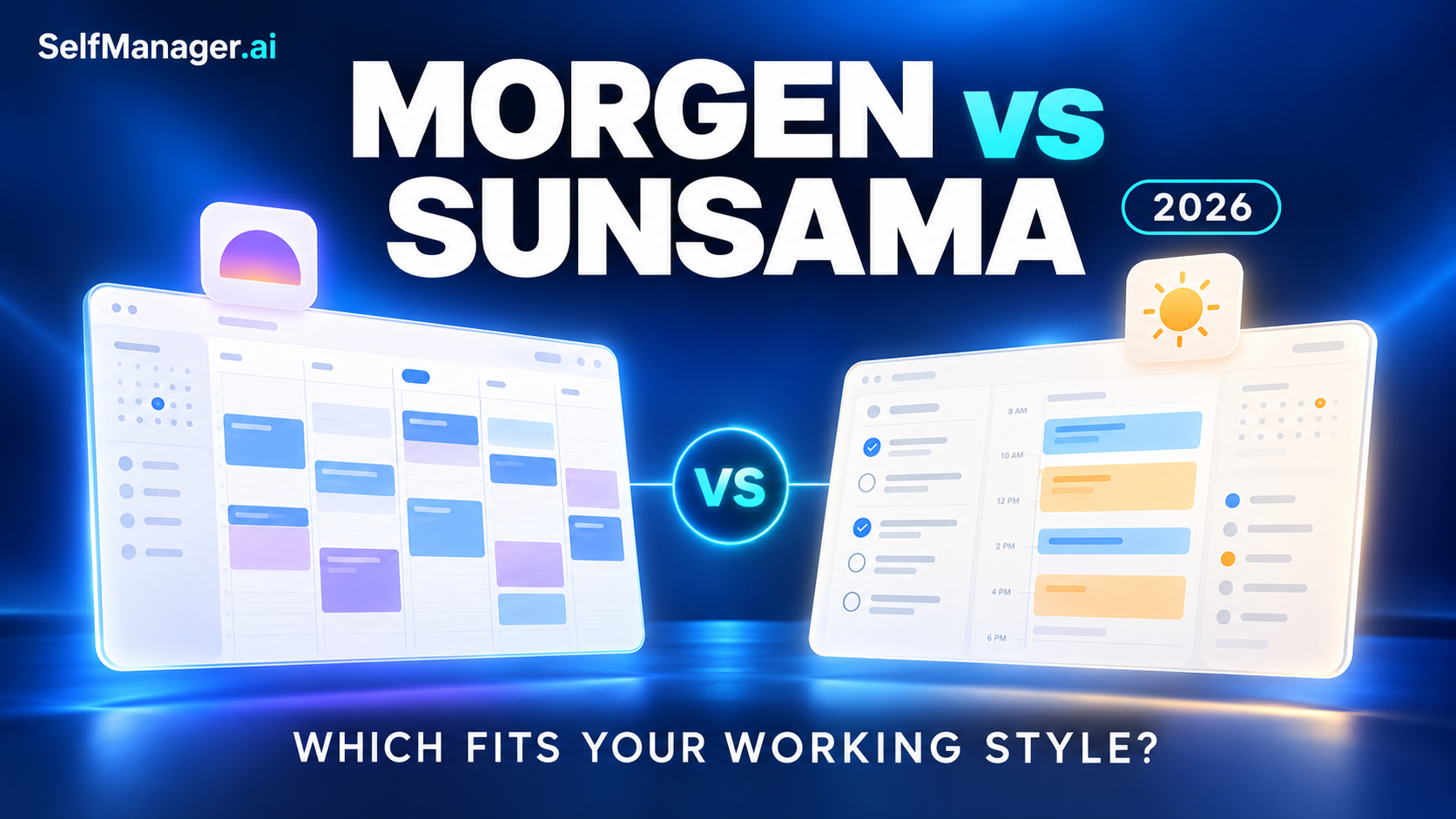 Two planner windows side by side with a calendar and a daily plan, next to the headline Morgen vs Sunsama 2026, which fits your working style?